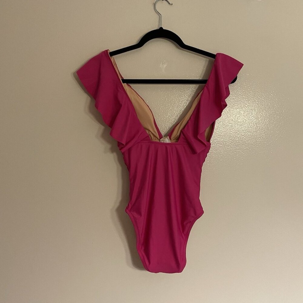 J.Crew Women 4 Radiant Fuchsia Deep V-Neck Ruched Ruffle One-Piece Swimsuit NWT - Picture 12 of 13